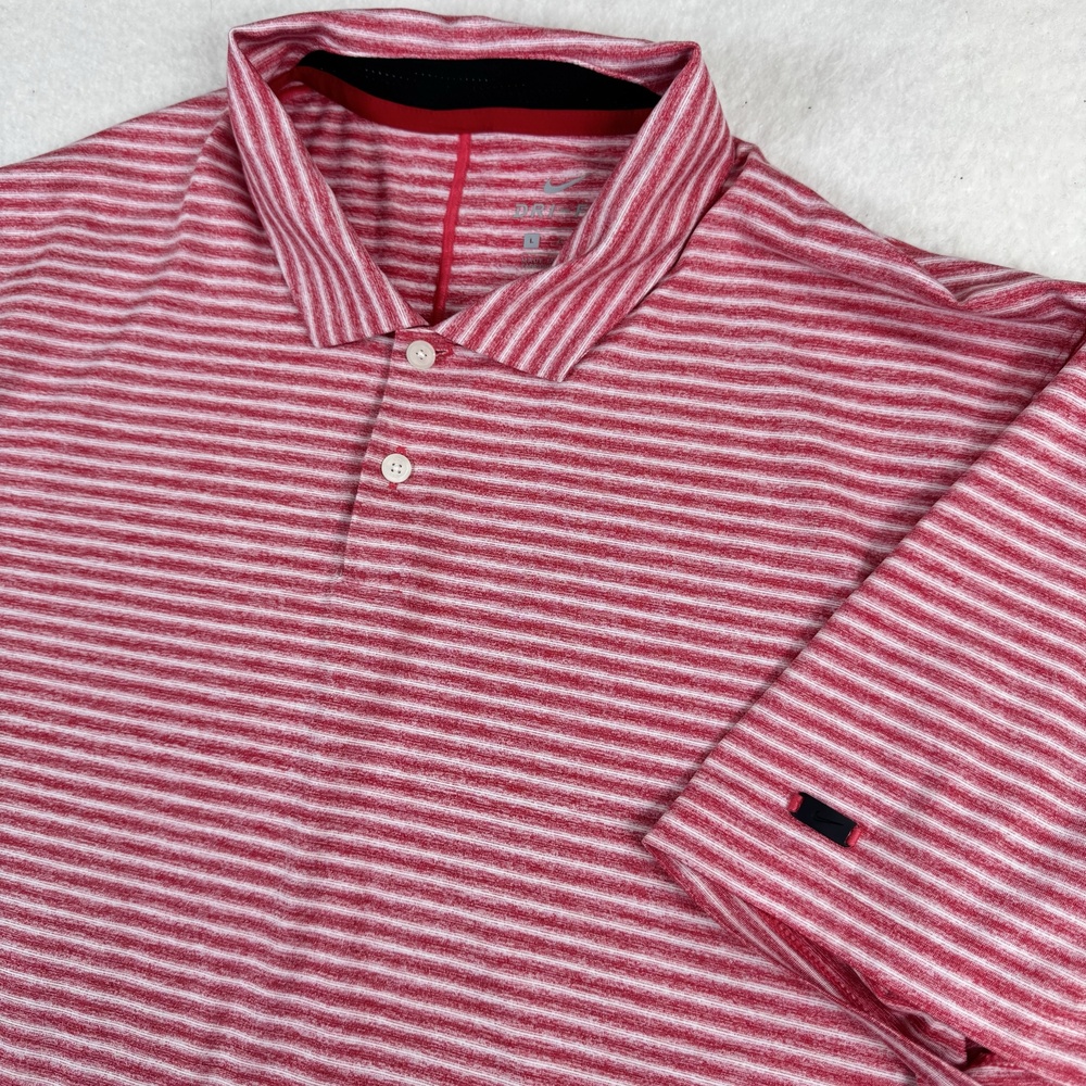 Nike Tiger Woods Polo Shirt Mens Size L Red Striped Dri-Fit Golf Jersey Stretch